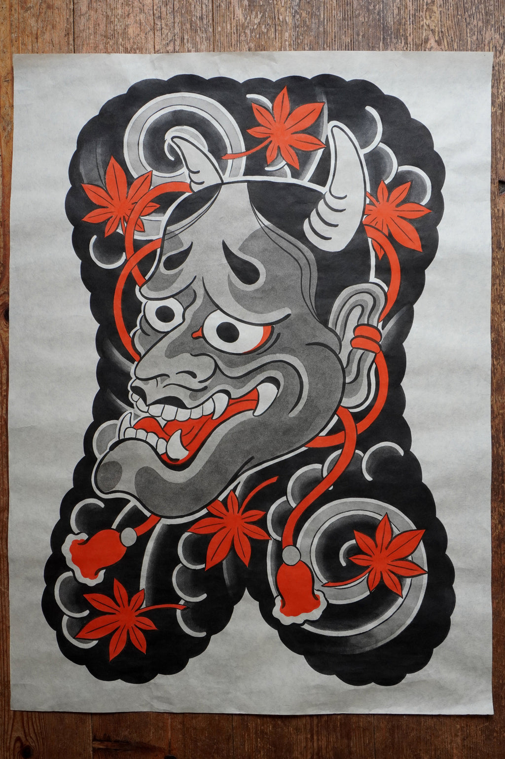 Original Japanese Hannya mask tattoo art painting on traditional handmade Kozo Washi paper