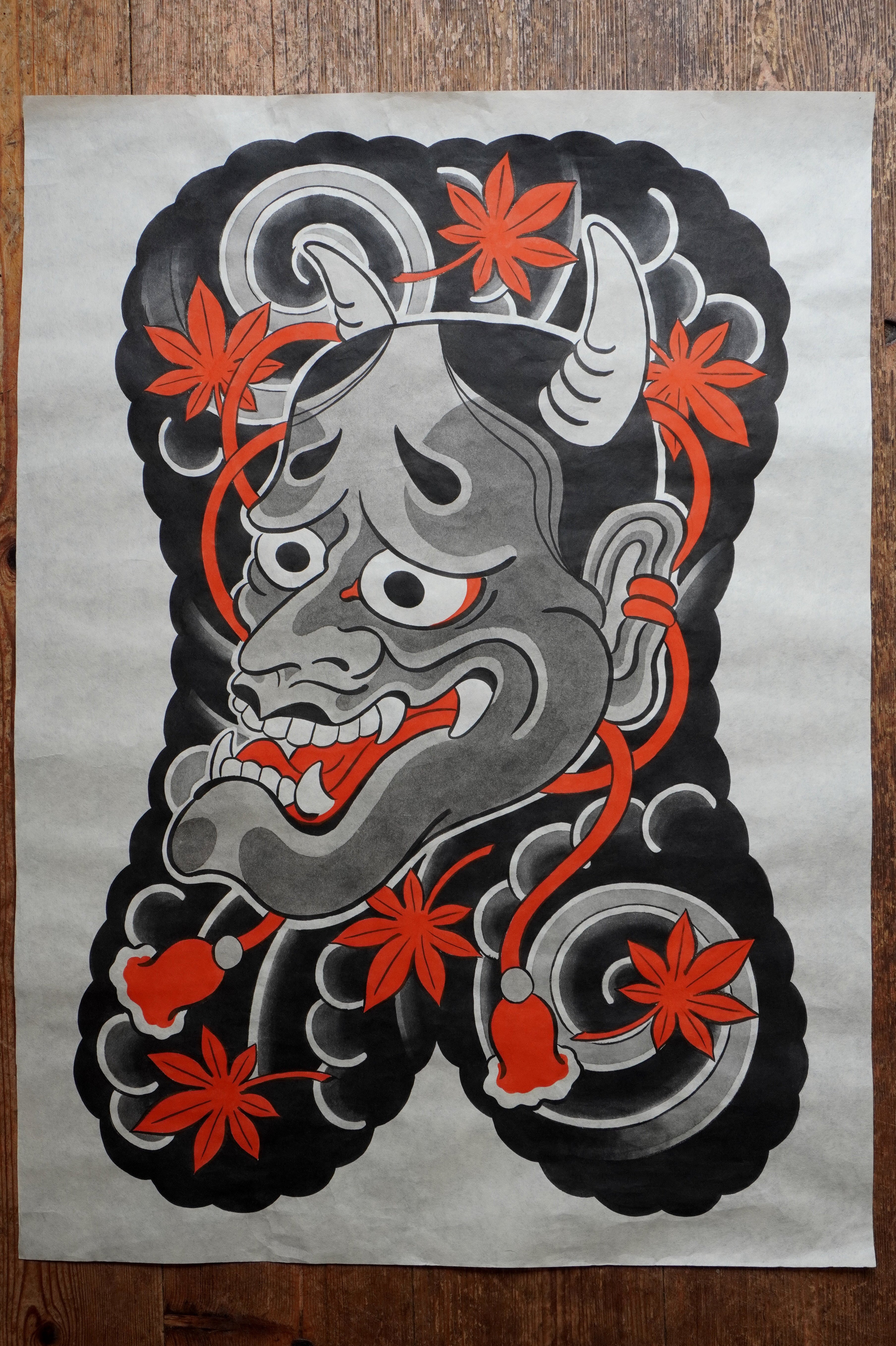 Original Japanese Hannya mask tattoo art painting on traditional handmade Kozo Washi paper