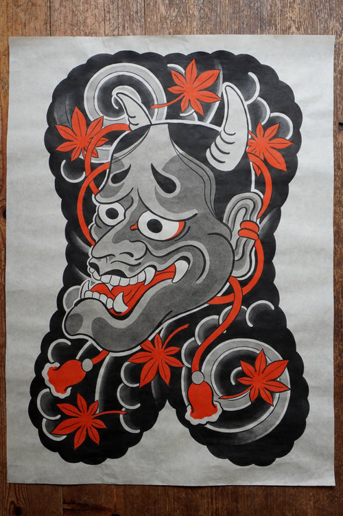 Original Japanese Hannya mask tattoo art painting on traditional handmade Kozo Washi paper