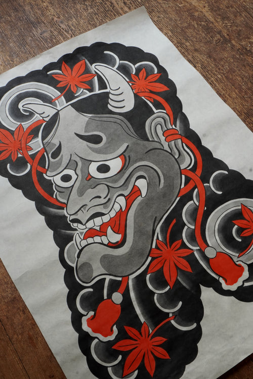 Original Japanese Hannya mask tattoo art painting on traditional handmade Kozo Washi paper