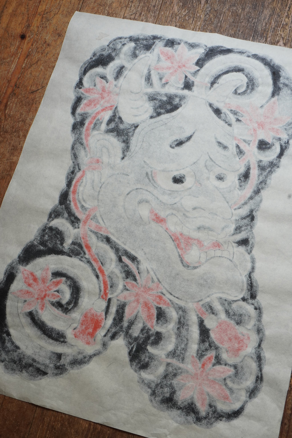 Original Japanese Hannya mask tattoo art painting on traditional handmade Kozo Washi paper