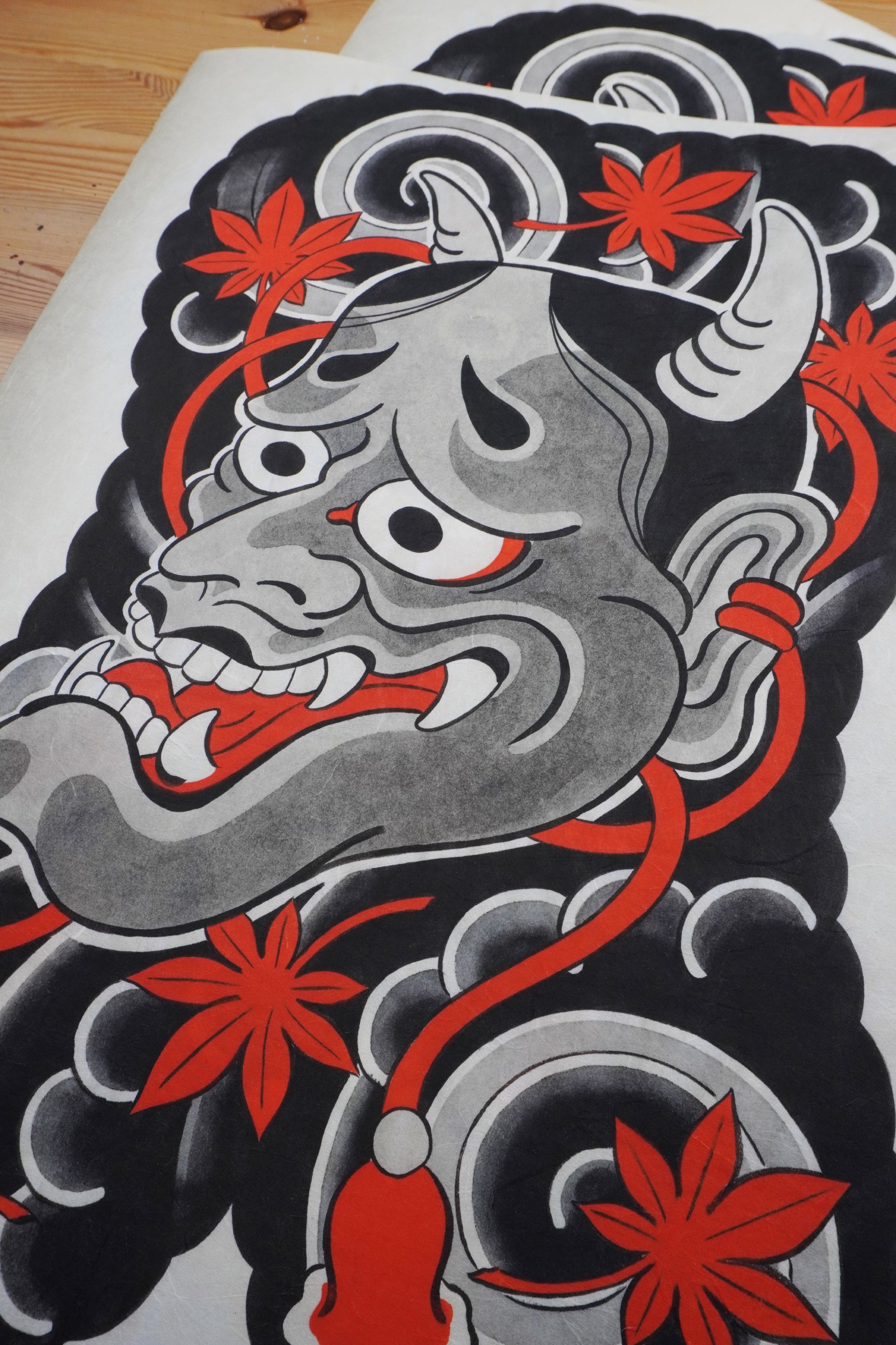 Hannya mask art print on traditional Kozo paper, featuring a detailed Japanese demon mask inspired by Noh theatre, folklore, and traditional irezumi tattoo art.
