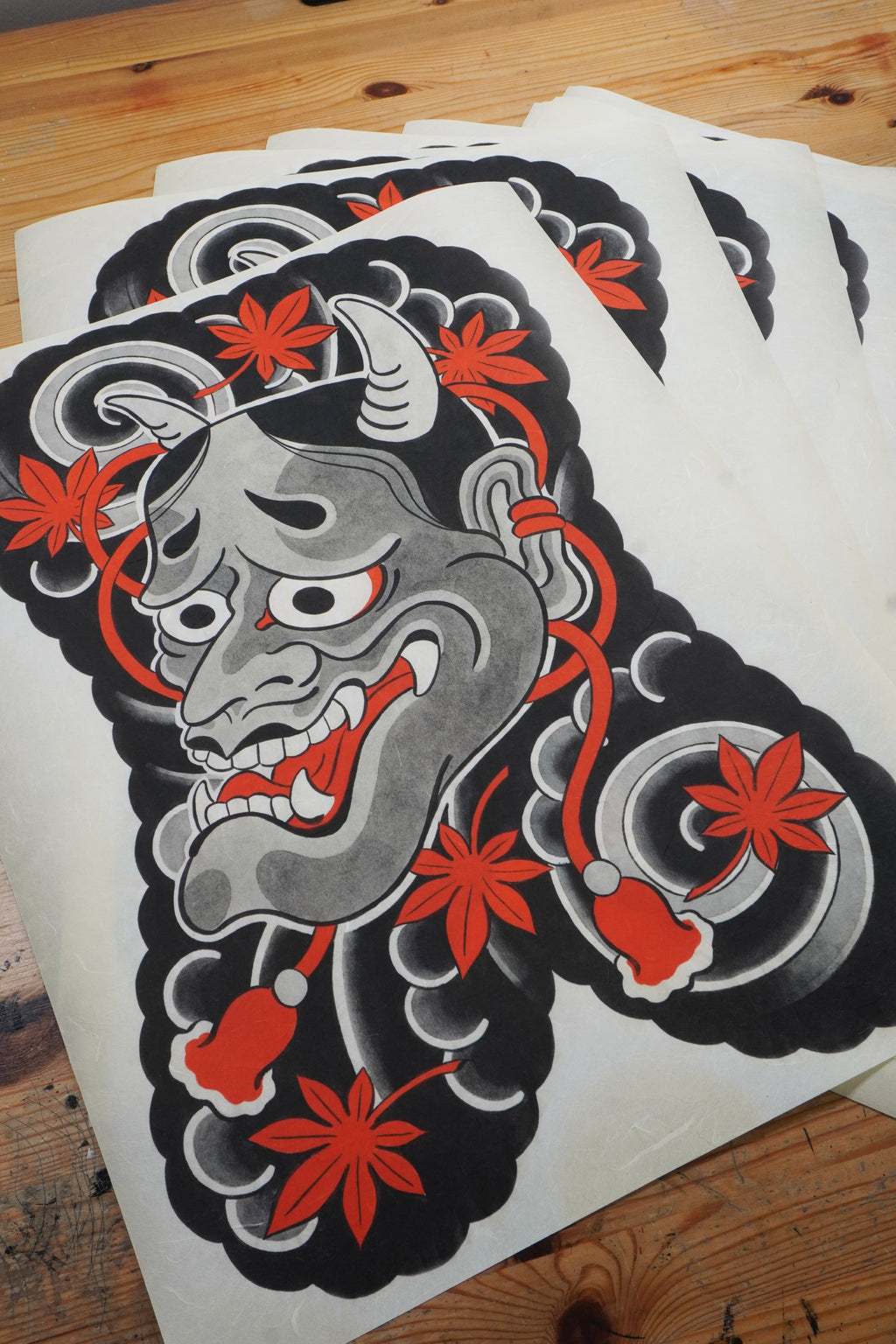 Hannya mask art print on traditional Kozo paper, featuring a detailed Japanese demon mask inspired by Noh theatre, folklore, and traditional irezumi tattoo art.
