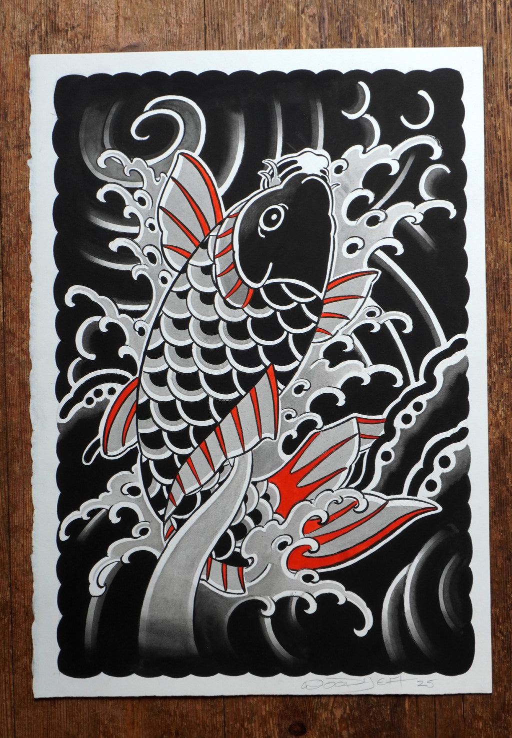 Original Japanese Koi fish swimming upstream painting on authentic Arches watercolor paper.