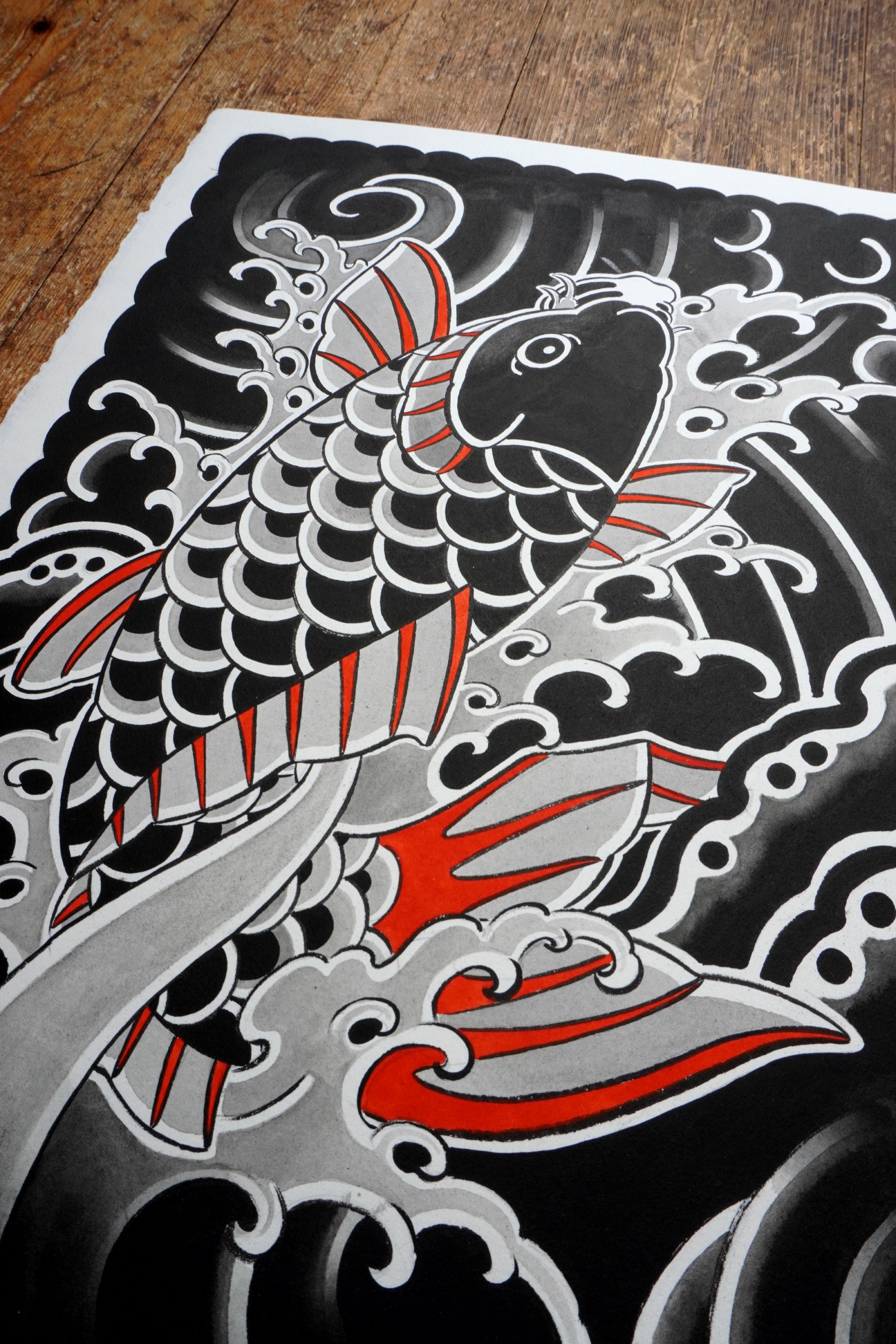 Original Japanese Koi fish swimming upstream painting on authentic Arches watercolor paper.