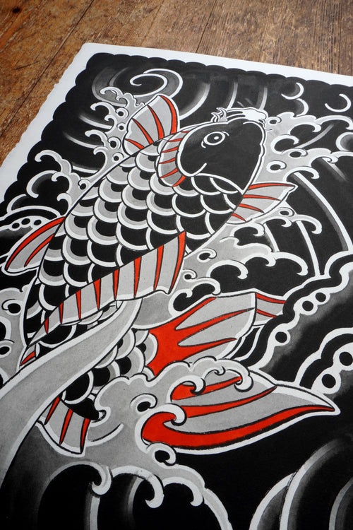Original Japanese Koi fish swimming upstream painting on authentic Arches watercolor paper.