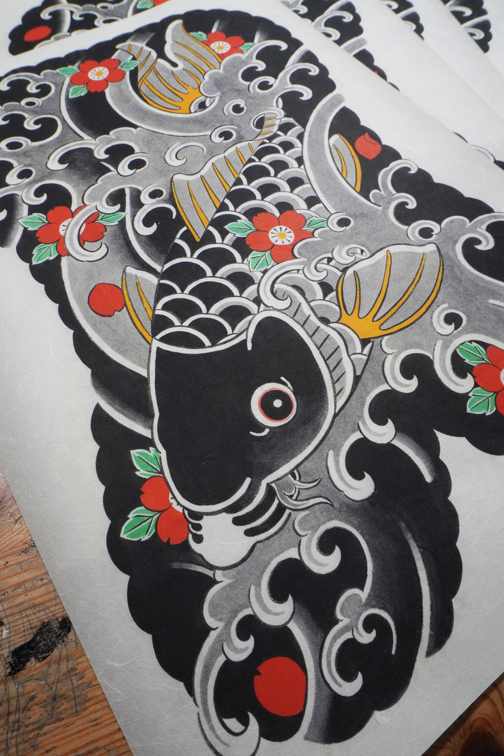 Japanese koi fish painting print on traditional Kozo paper, featuring a detailed koi swimming through flowing water inspired by traditional Japanese art and irezumi design.