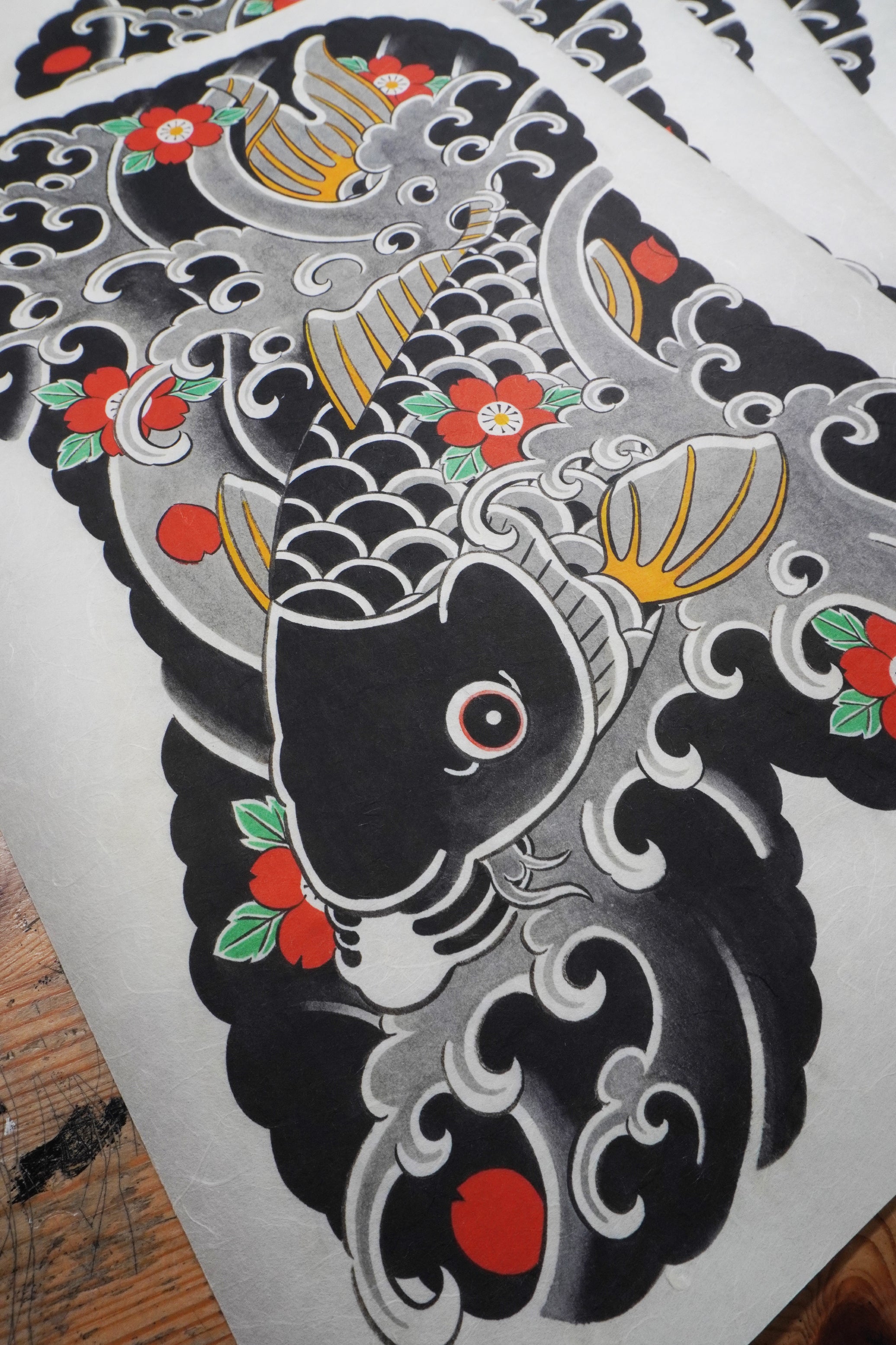 Japanese koi fish painting print on traditional Kozo paper, featuring a detailed koi swimming through flowing water inspired by traditional Japanese art and irezumi design.