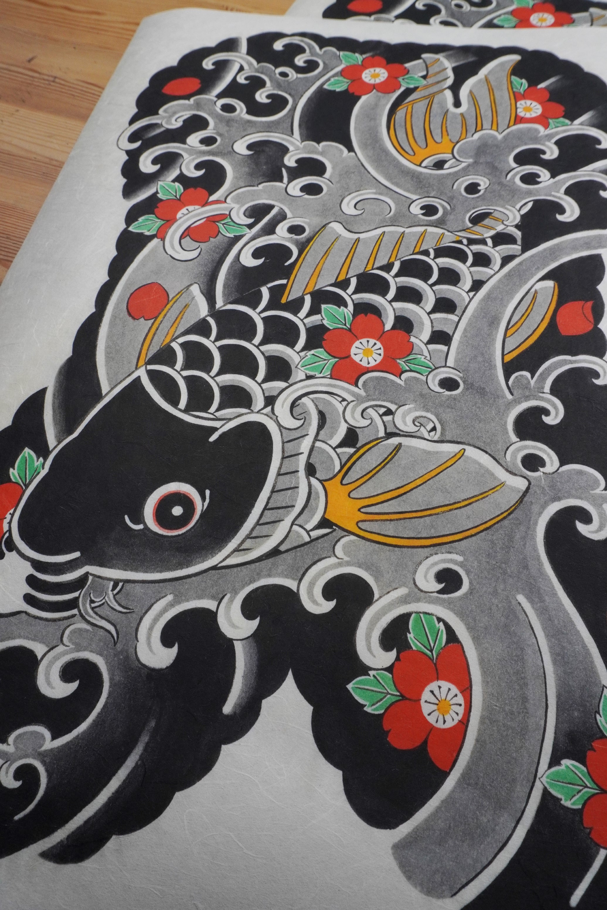 Japanese koi fish painting print on traditional Kozo paper, featuring a detailed koi swimming through flowing water inspired by traditional Japanese art and irezumi design.