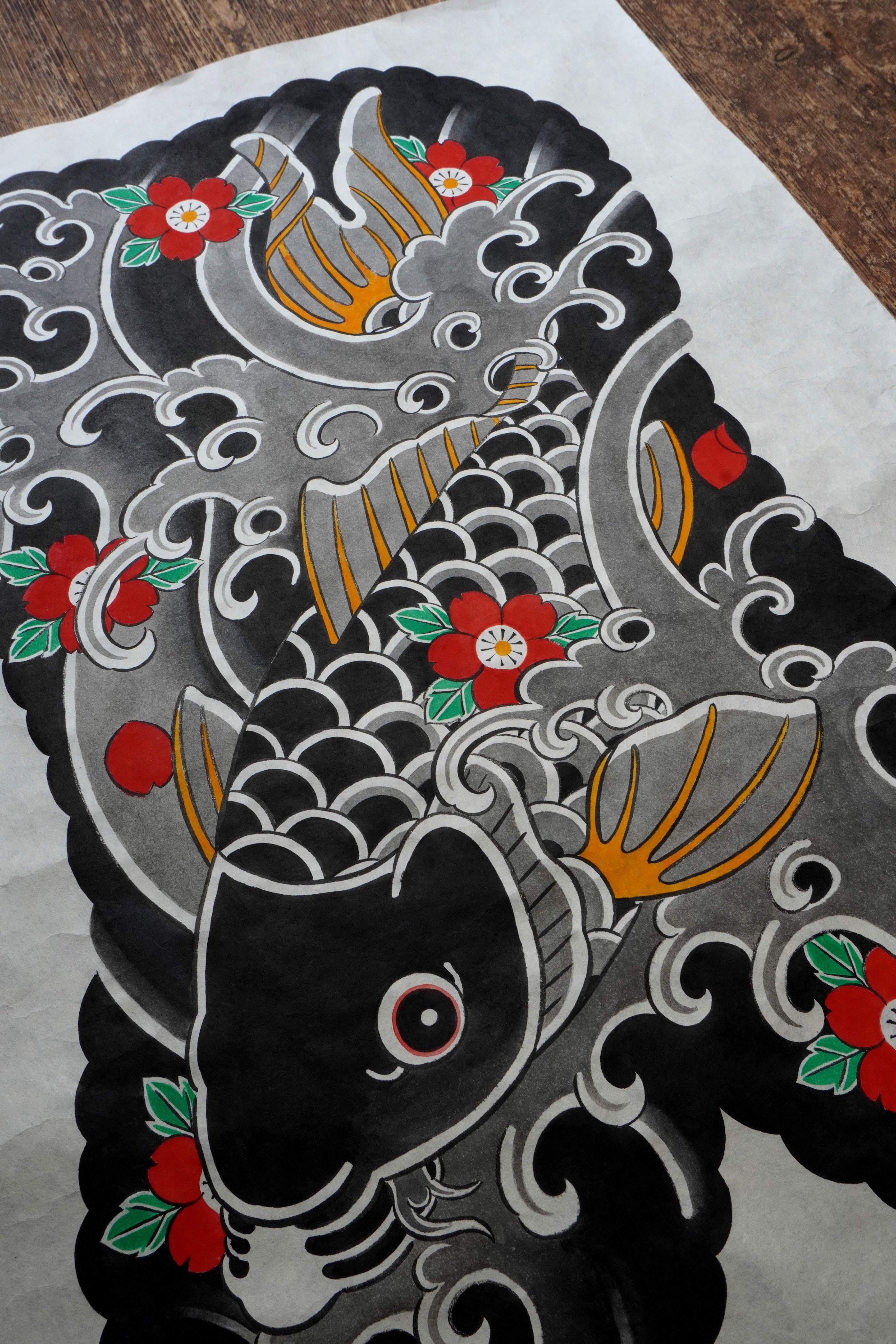 Original Japanese Koi fish painting on textured, fiber-rich Kozo paper. The artwork features a traditional Japanese Irezumi tattoo style Koi fish swimming down stream symbolising overcoming perserverance.