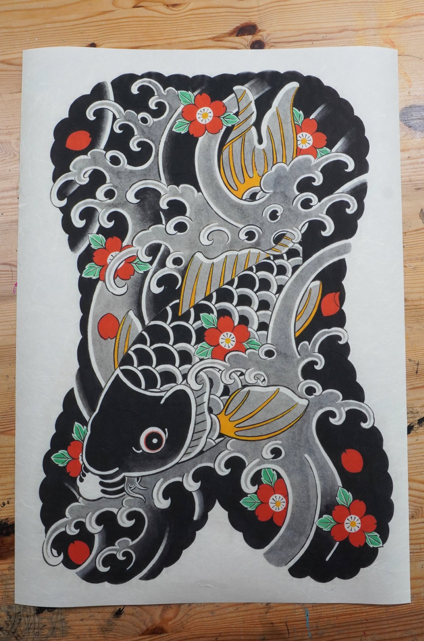 Japanese koi fish painting print on traditional Kozo paper, featuring a detailed koi swimming through flowing water inspired by traditional Japanese art and irezumi design.