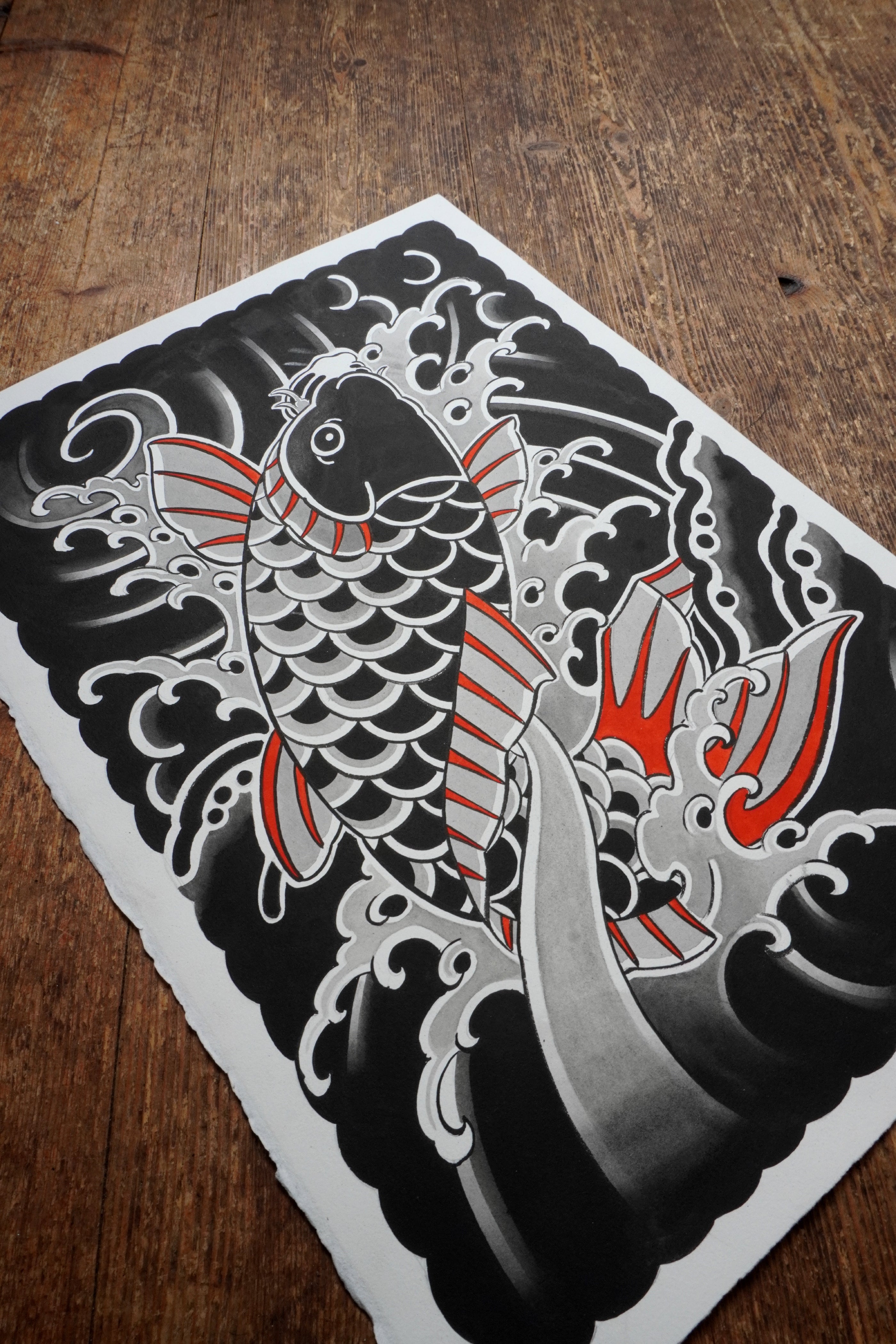 Original Japanese Koi fish swimming upstream painting on authentic Arches watercolor paper.