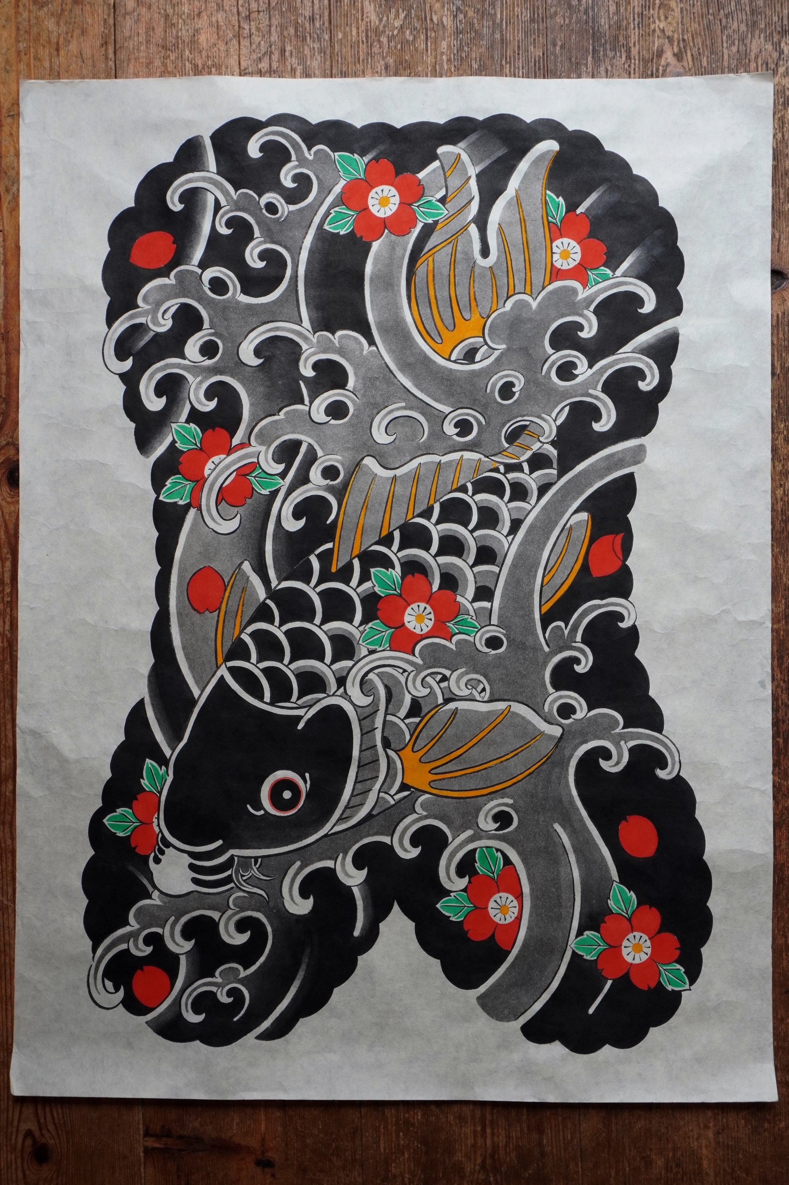 Original Japanese Koi fish painting on textured, fiber-rich Kozo paper. The artwork features a traditional Japanese Irezumi tattoo style Koi fish swimming down stream symbolising overcoming perserverance.