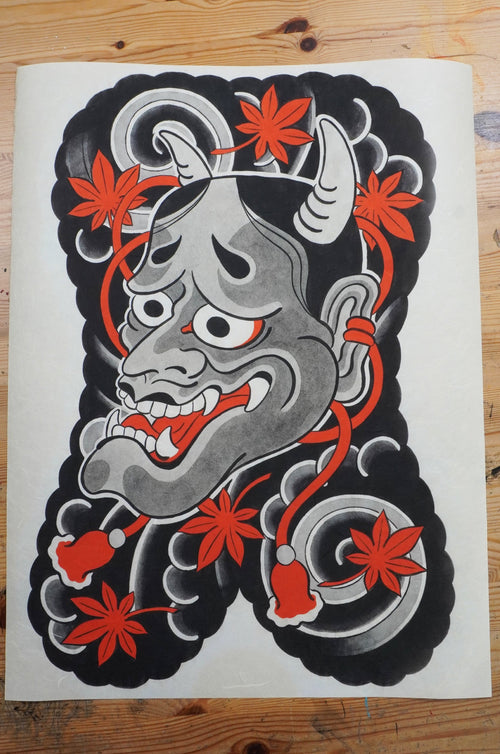 Hannya mask art print on traditional Kozo paper, featuring a detailed Japanese demon mask inspired by Noh theatre, folklore, and traditional irezumi tattoo art.
