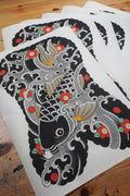 Japanese koi fish painting print on traditional Kozo paper, featuring a detailed koi swimming through flowing water inspired by traditional Japanese art and irezumi design.