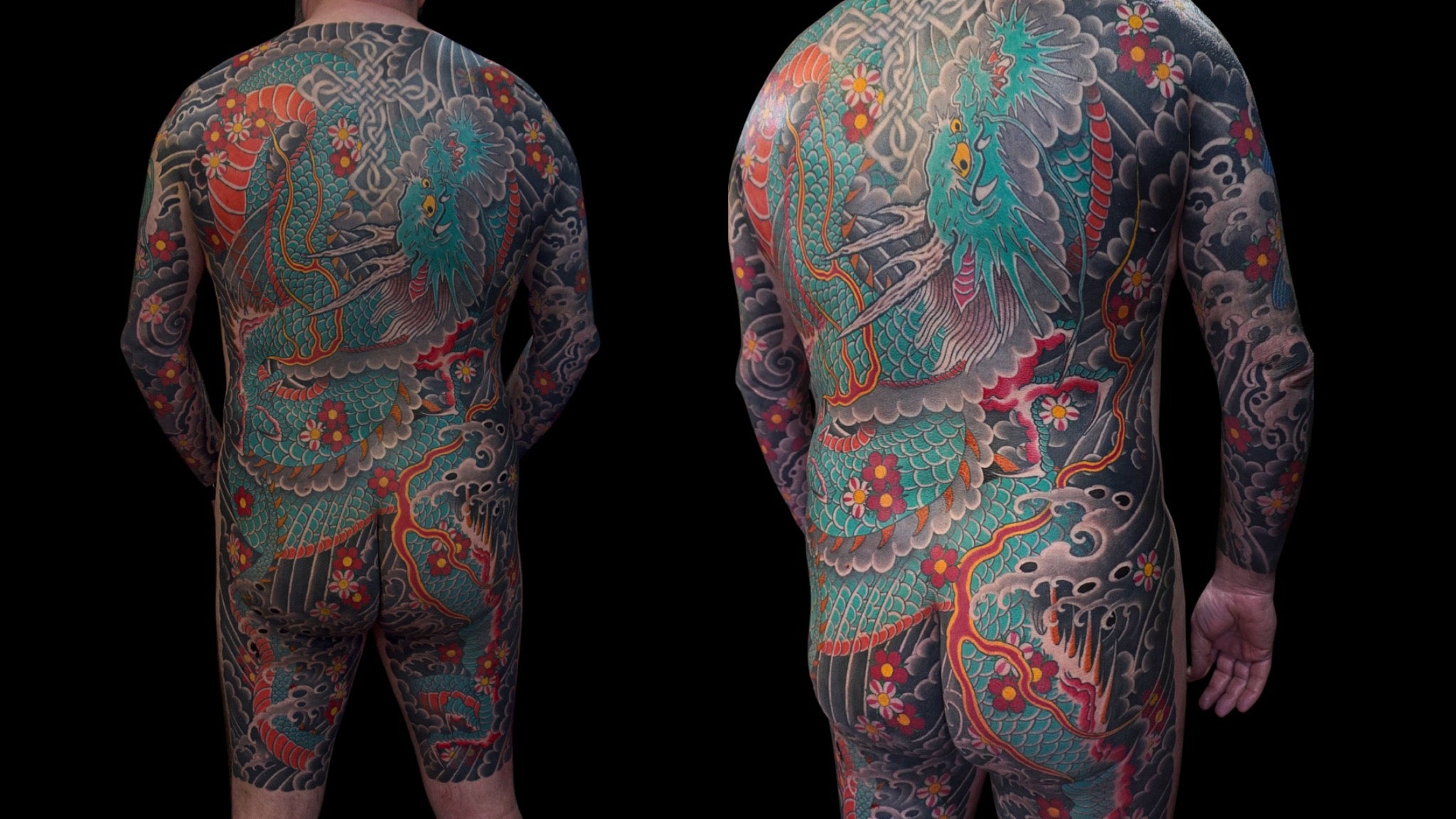 Traditional Japanese dragon bodysuit shown from two rear angles