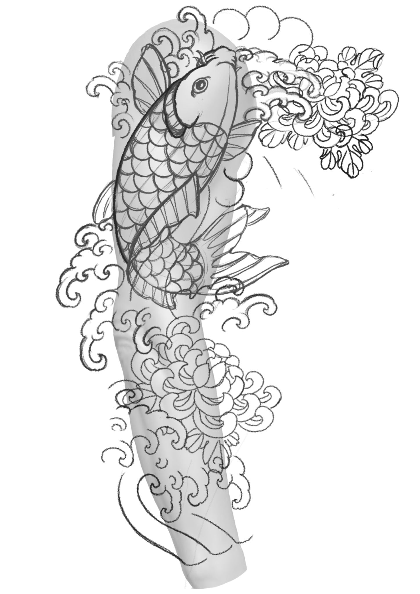Koi sleeve composition drawn over the shape of the client's arm
