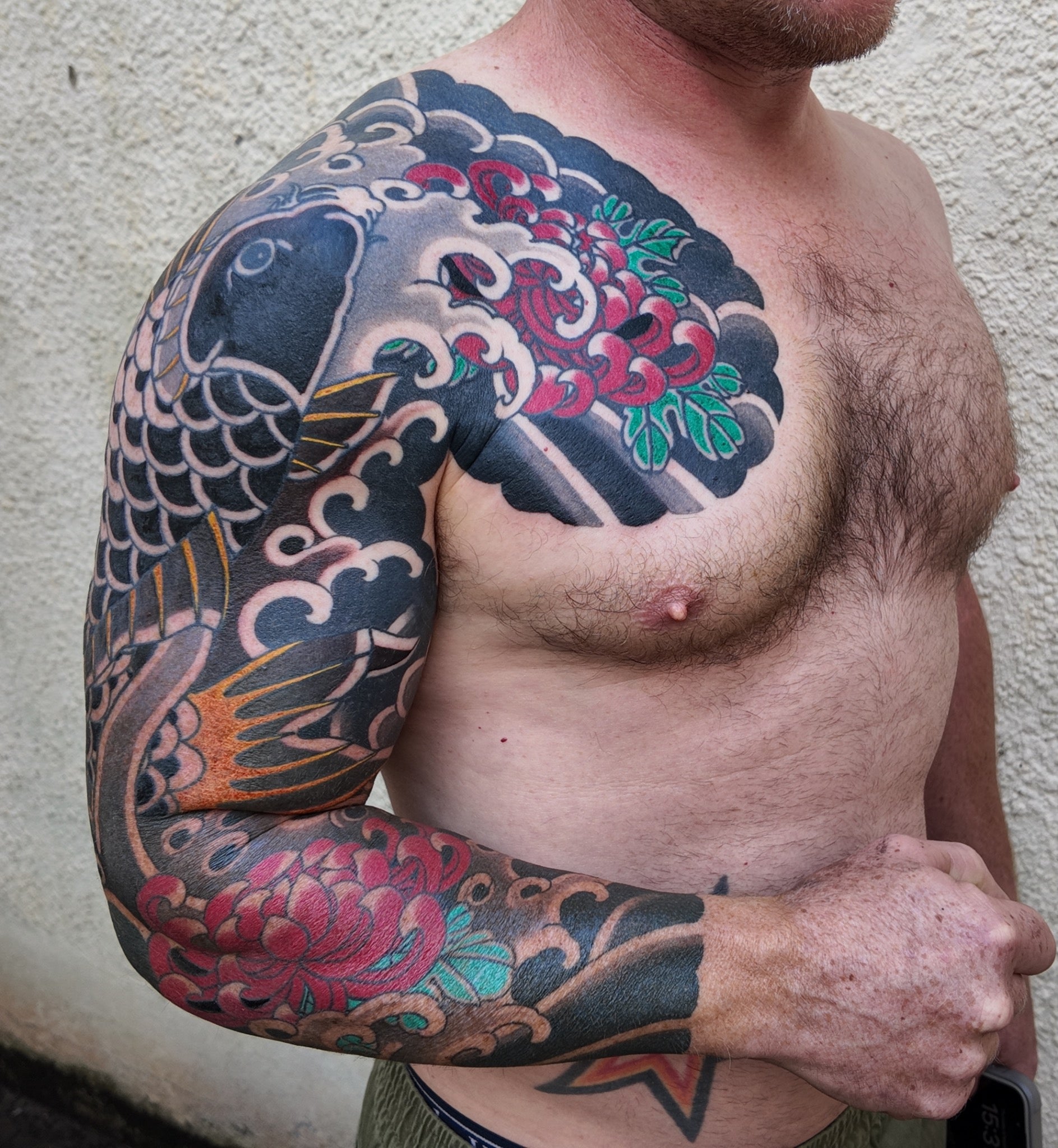 Completed Japanese koi and chrysanthemum sleeve