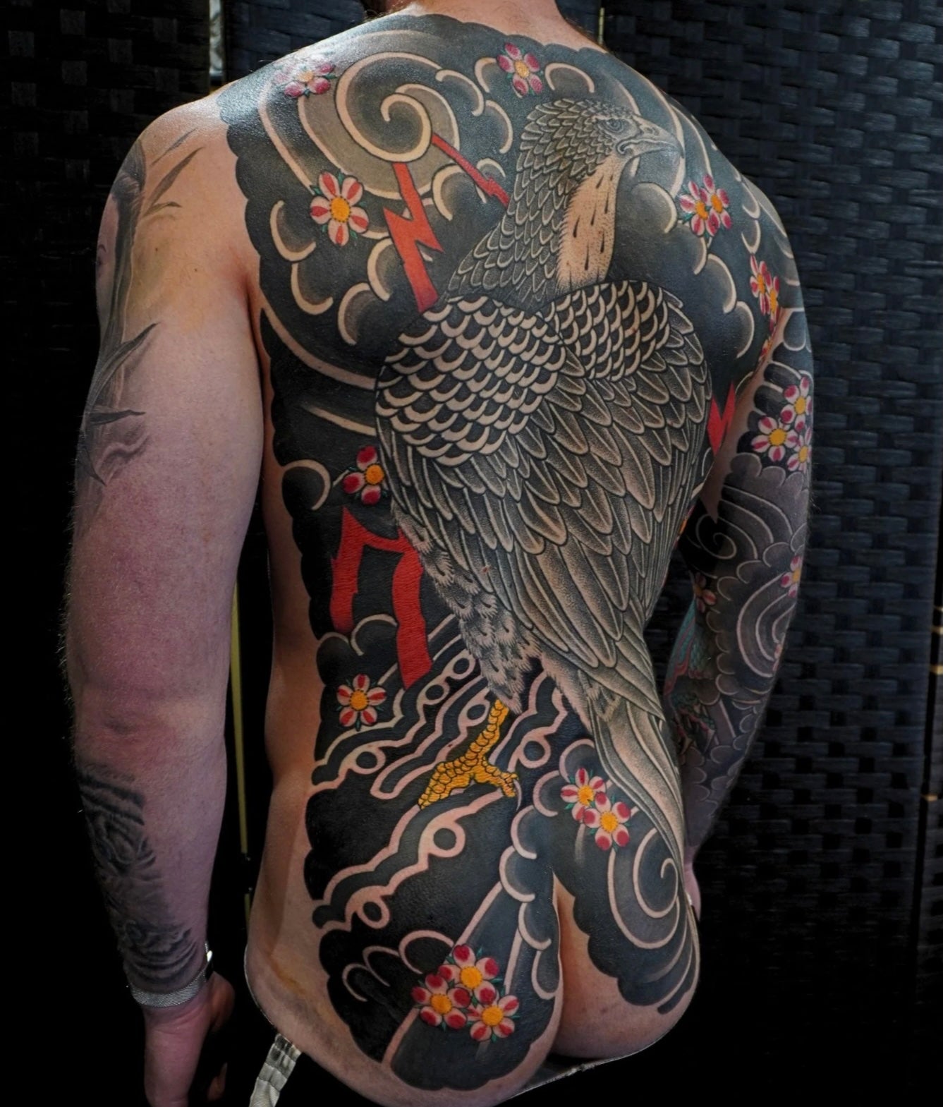 Large Japanese eagle backpiece with clouds, lightning and cherry blossoms