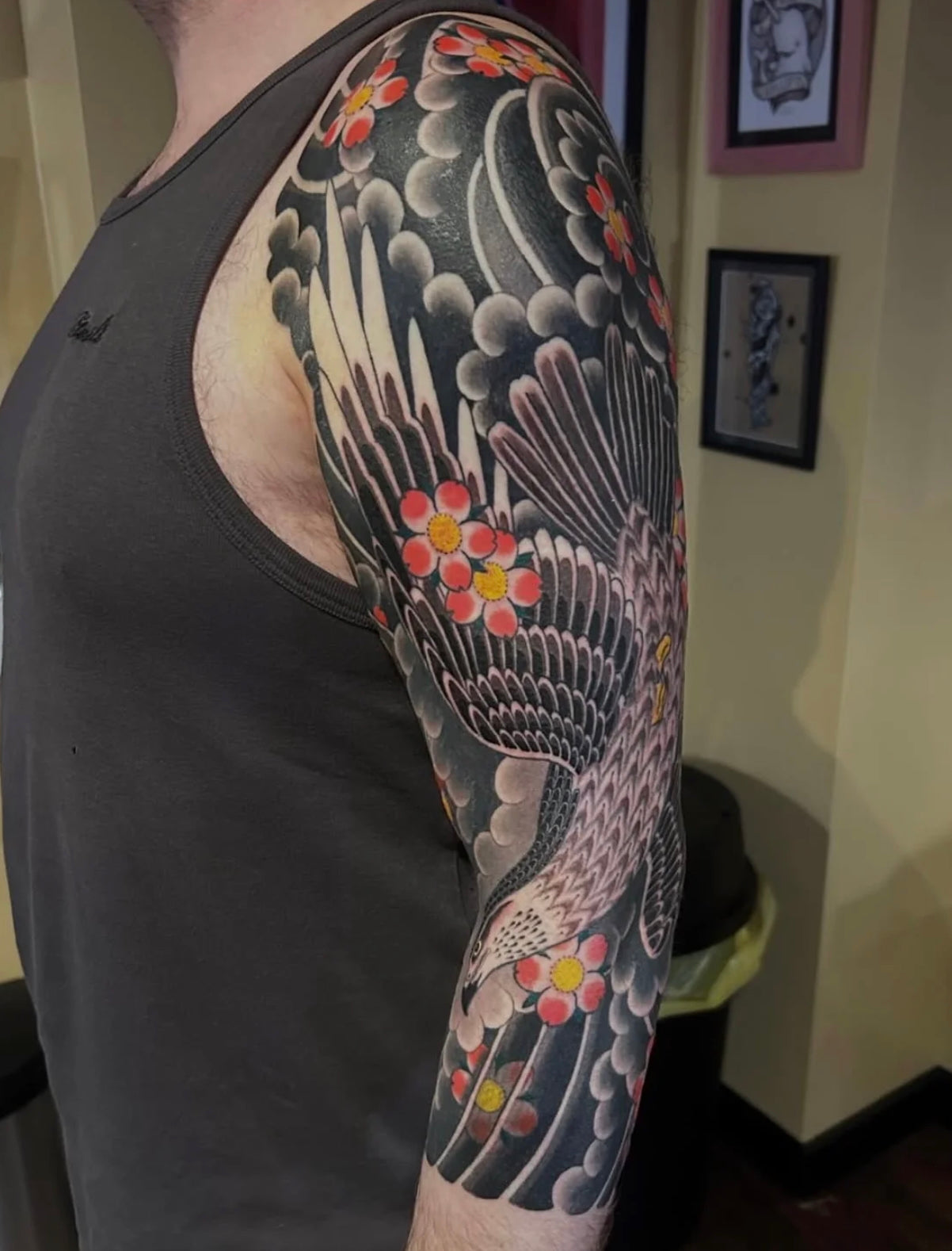 Traditional Japanese eagle sleeve with cherry blossoms and background