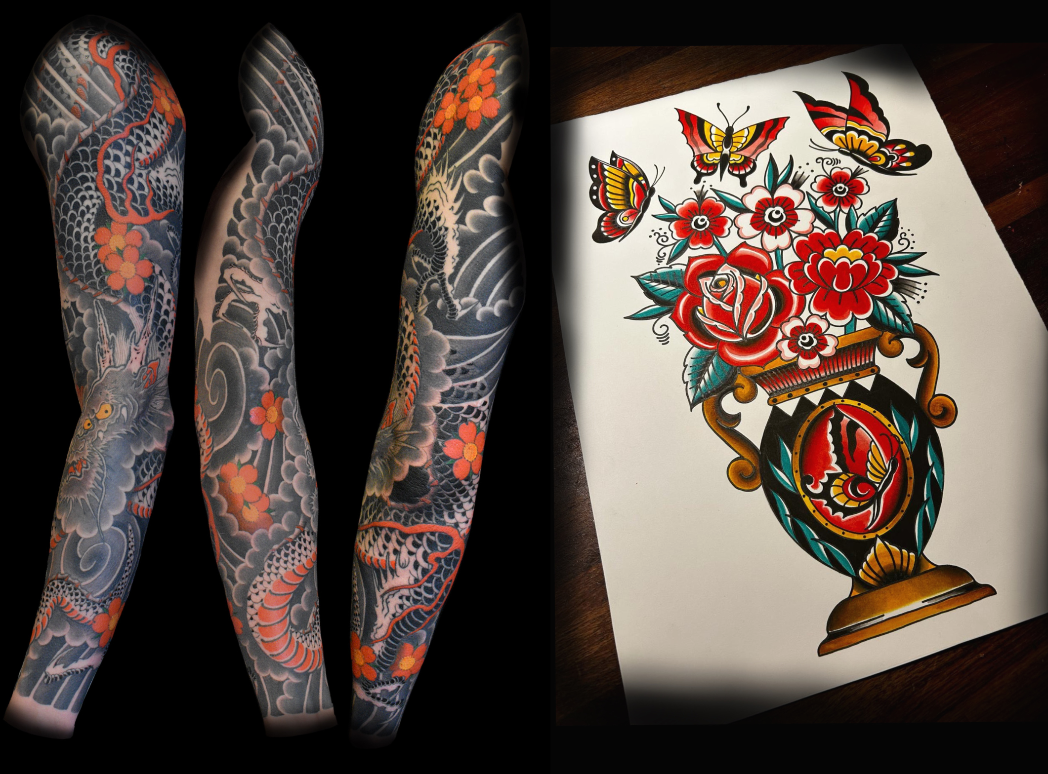 Japanese dragon tattoo and american traditional inspired painting.